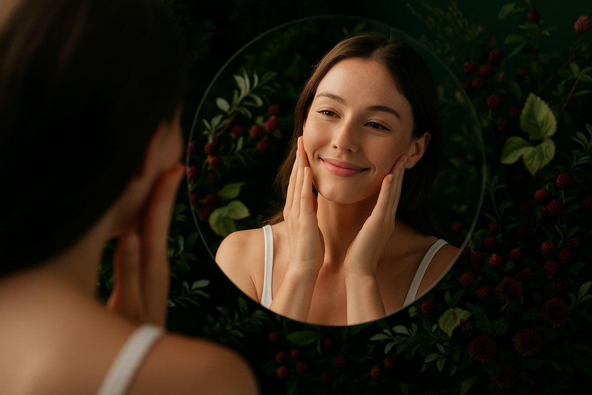 A woman smiling at her reflection in the mirror, surrounded by lush greenery and berries, after completing her evening skincare routine with the Visage Collection by THREE.