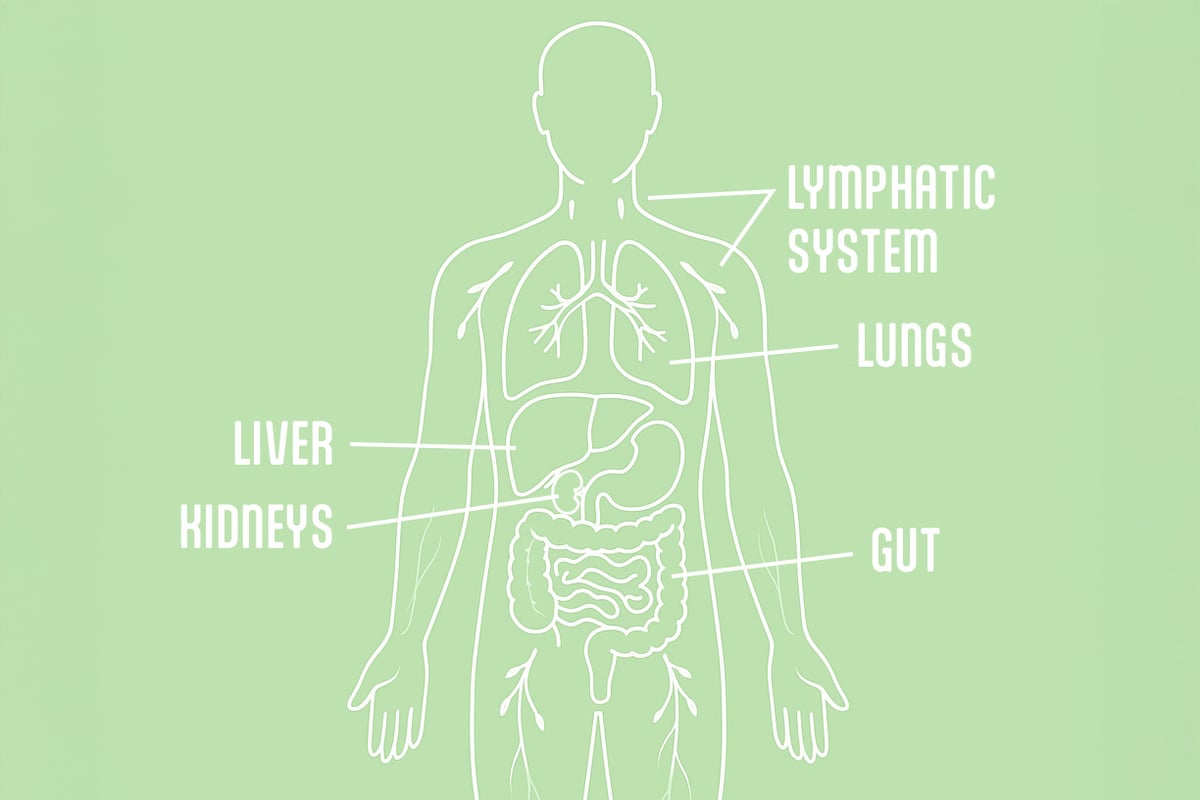 Minimalist illustration of human detox pathways—liver, kidneys, gut, lungs, lymphatic system—on brand-green background for Purifí natural detox education