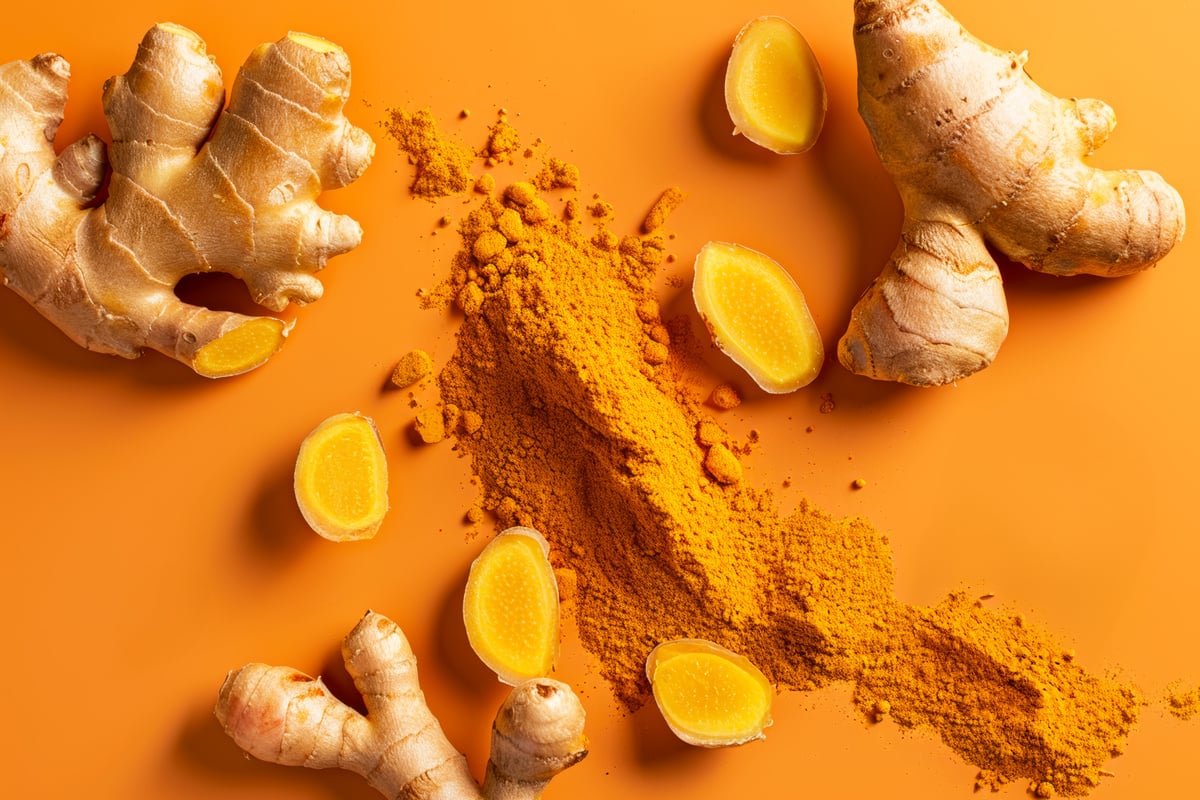 ginger and turmeric on an orange background