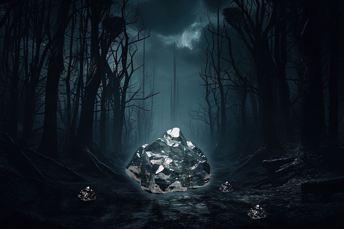 a piece of lead sitting in a spooky forest