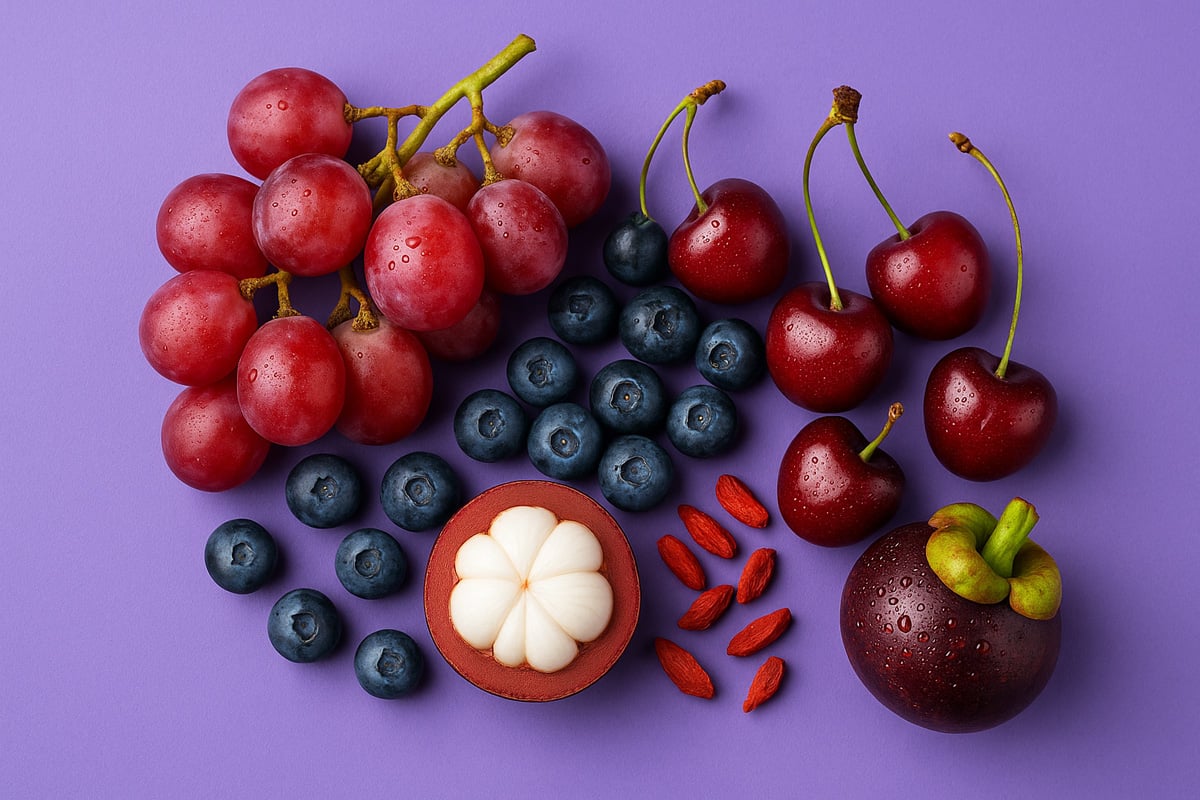 A colorful assortment of resveratrol-rich fruits—including grapes, blueberries, cherries, and mangosteen—laid out on a purple background to showcase the natural sources behind Èternel’s antioxidant support.