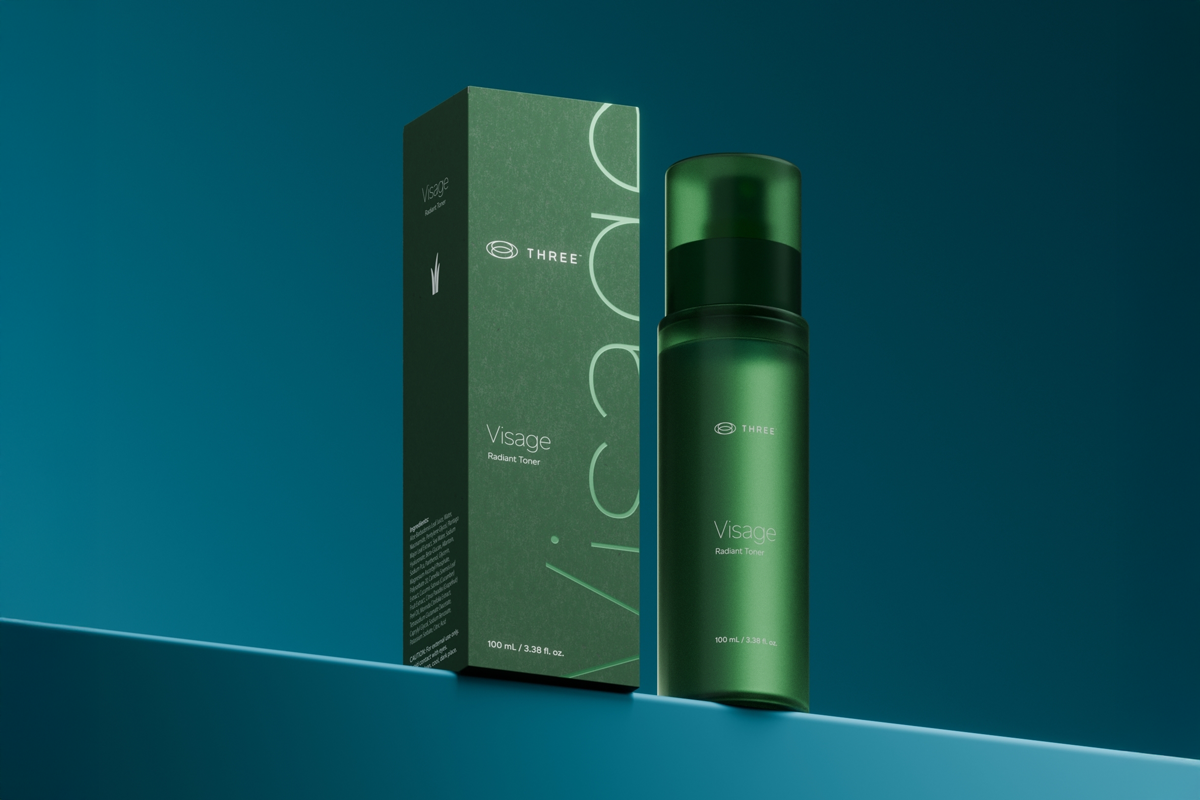 Complete Visage Collection by THREE featuring Radiant Toner, Pure Cleanse, Super Serum, and Crème Caviar, designed for powerful yet gentle skincare